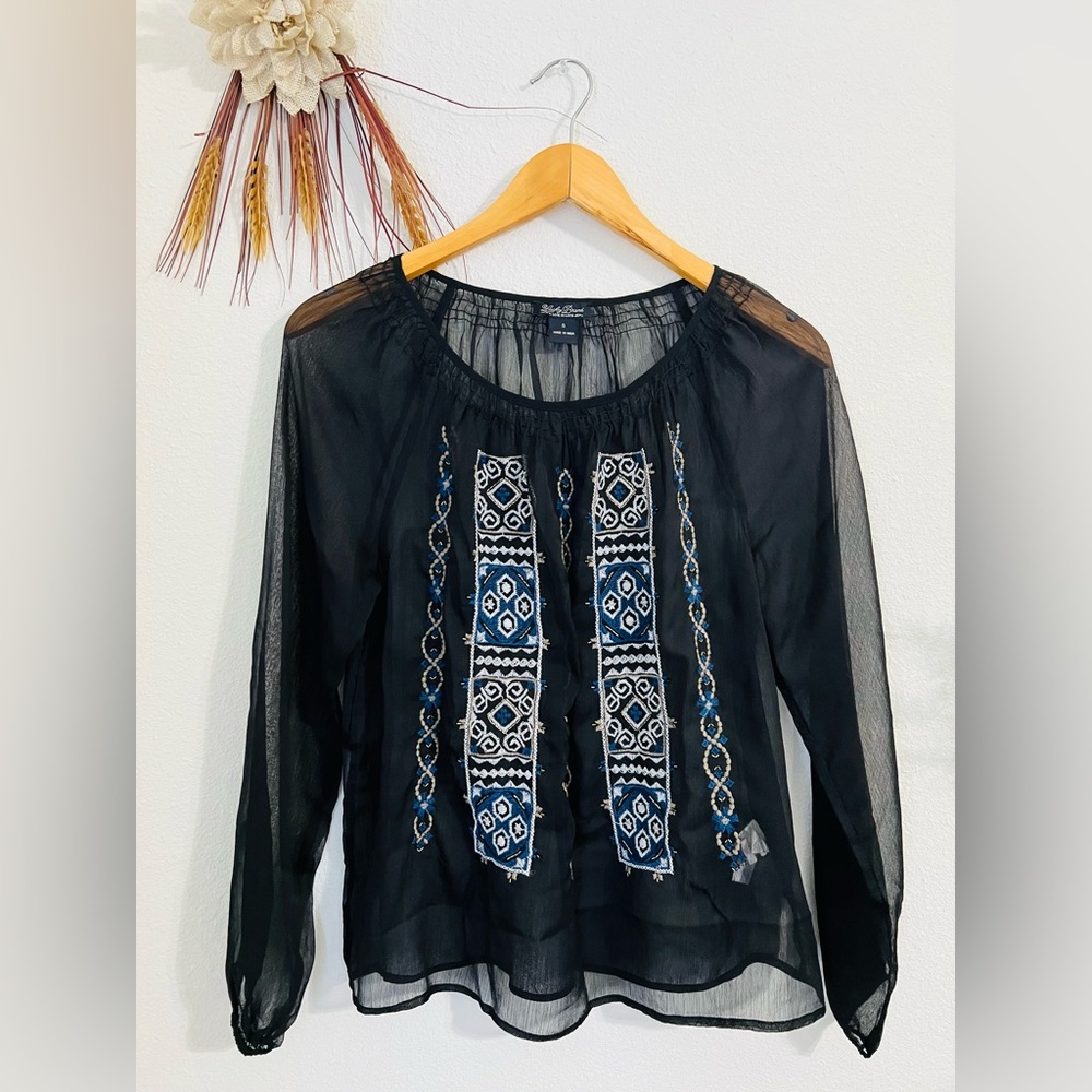 Lucky Brand Embroidered Beads Sheer Black Blouse Size Small